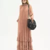Gathered long dress in silk mousseline