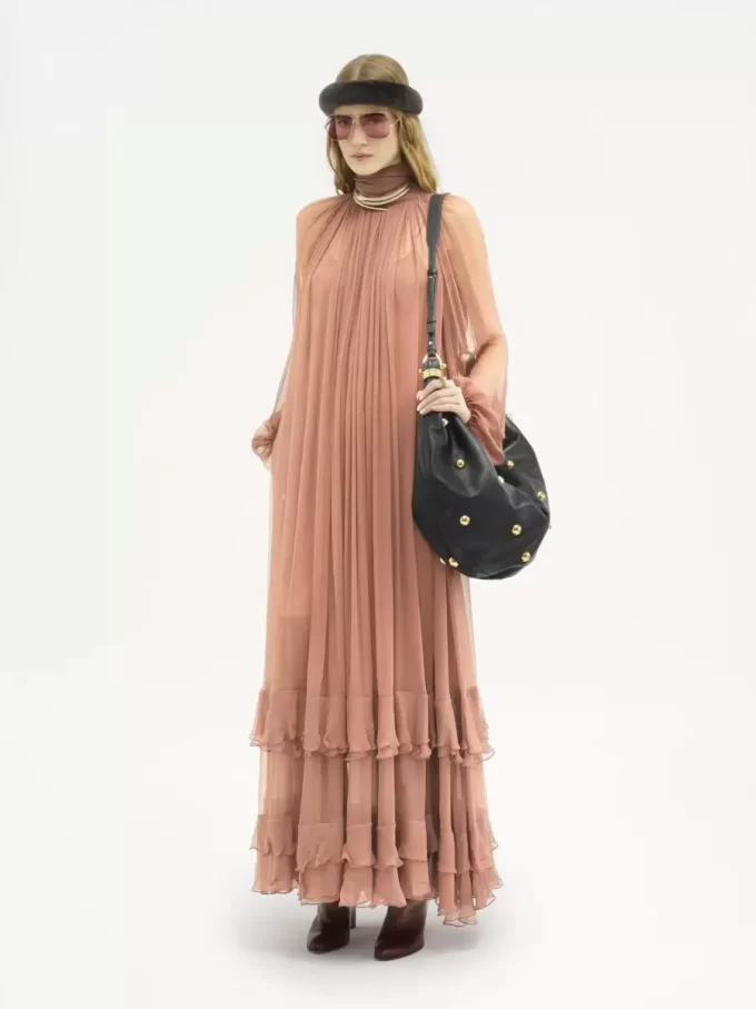 Gathered long dress in silk mousseline