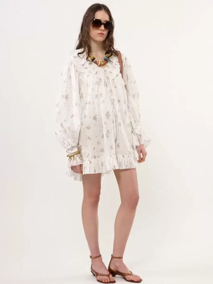Gathered long-sleeve mini dress in cotton voile