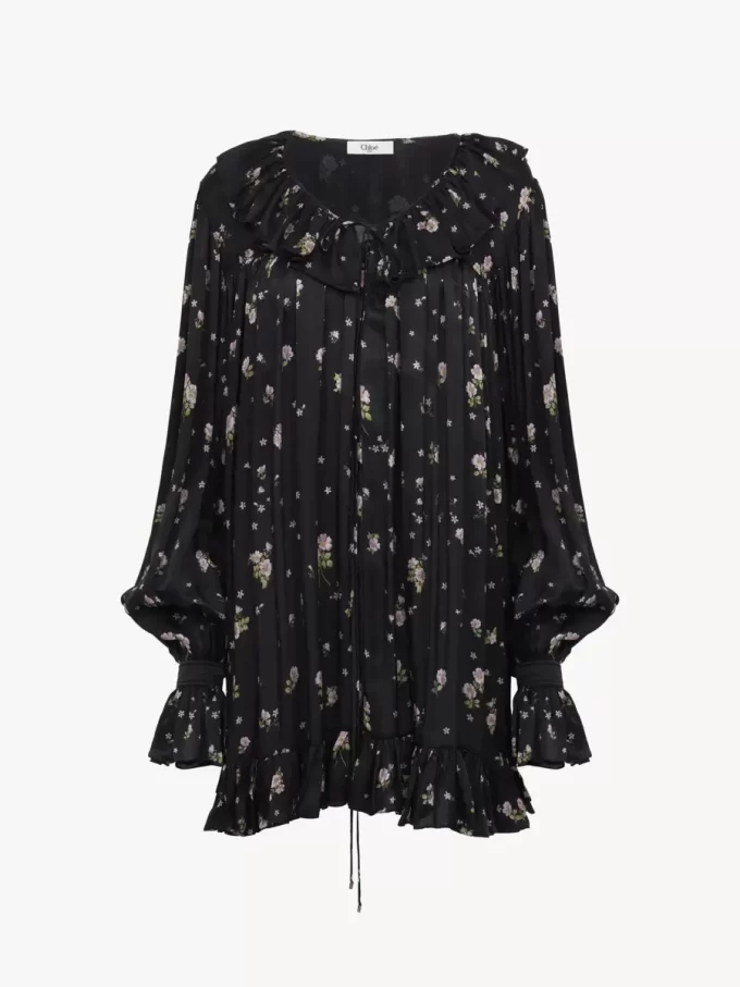 Gathered long-sleeve mini dress in silk charmeuse