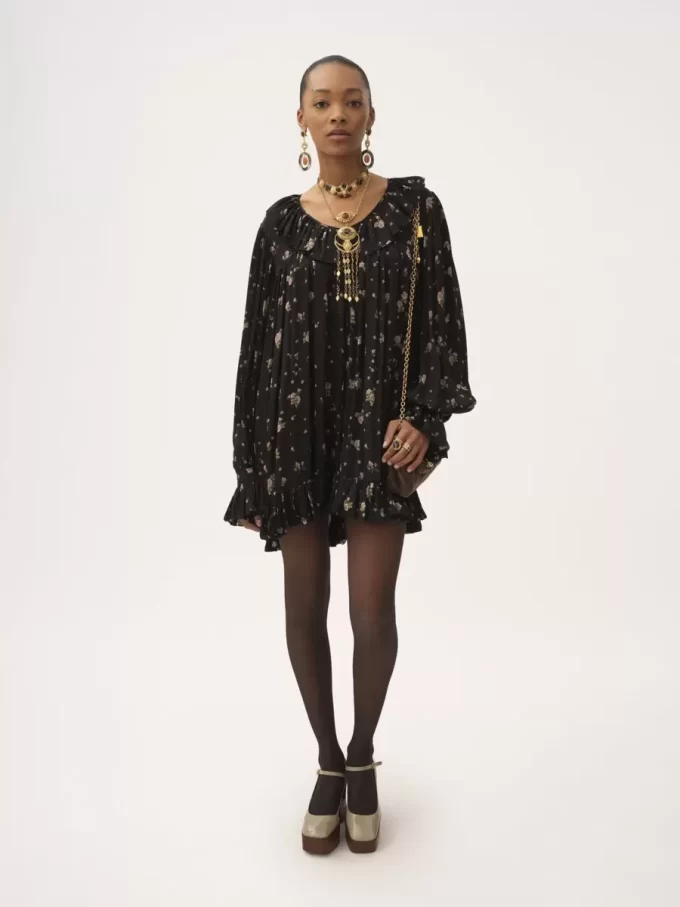 Gathered long-sleeve mini dress in silk charmeuse