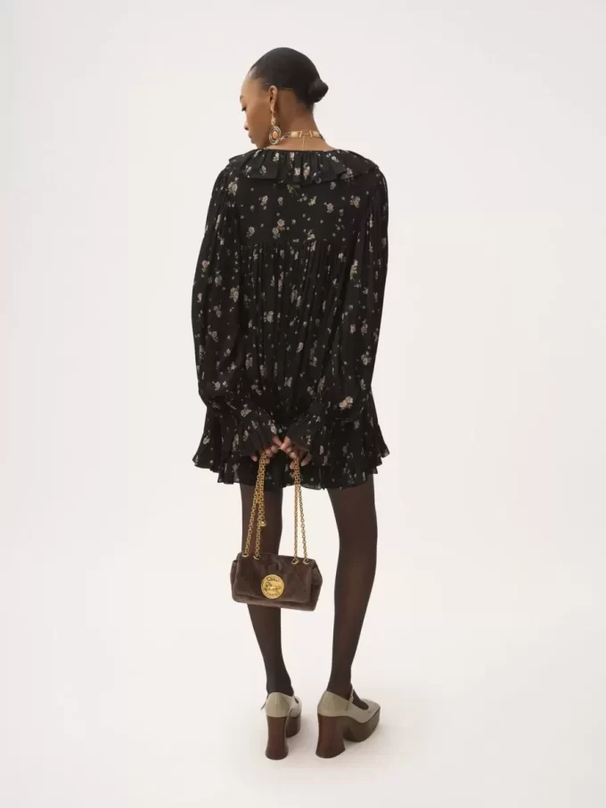 Gathered long-sleeve mini dress in silk charmeuse