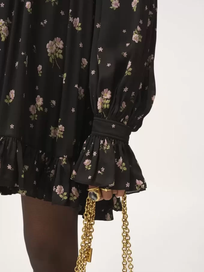 Gathered long-sleeve mini dress in silk charmeuse