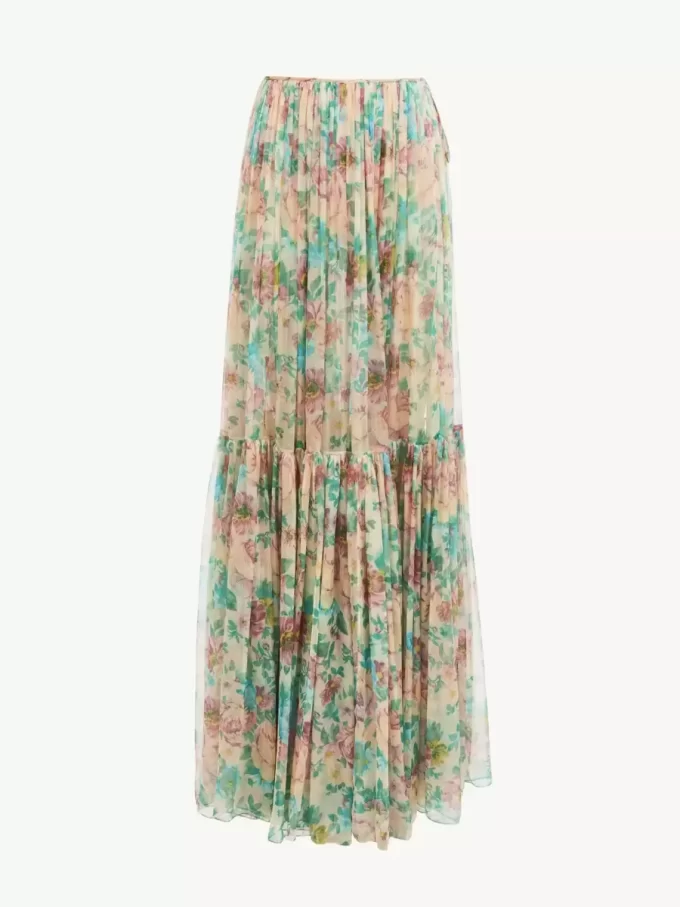 Gathered maxi skirt in silk mousseline