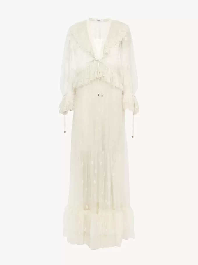 Gathered V-neck long dress in embroidered lace