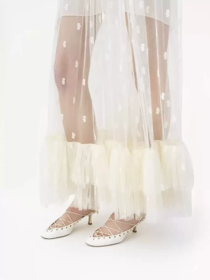 Gathered V-neck long dress in embroidered lace