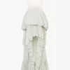 High-low ruffled dress in silk habotai & lace