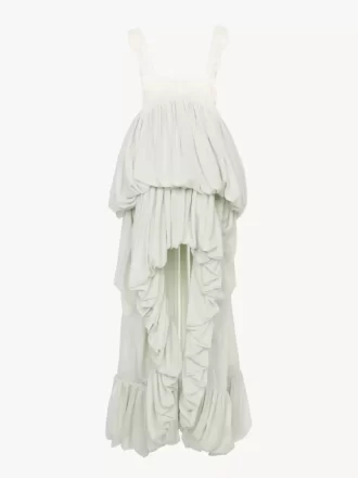 High-low ruffled dress in silk habotai & lace