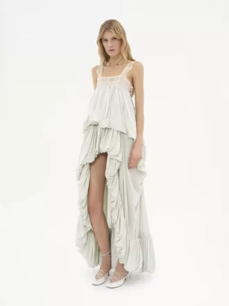 High-low ruffled dress in silk habotai & lace
