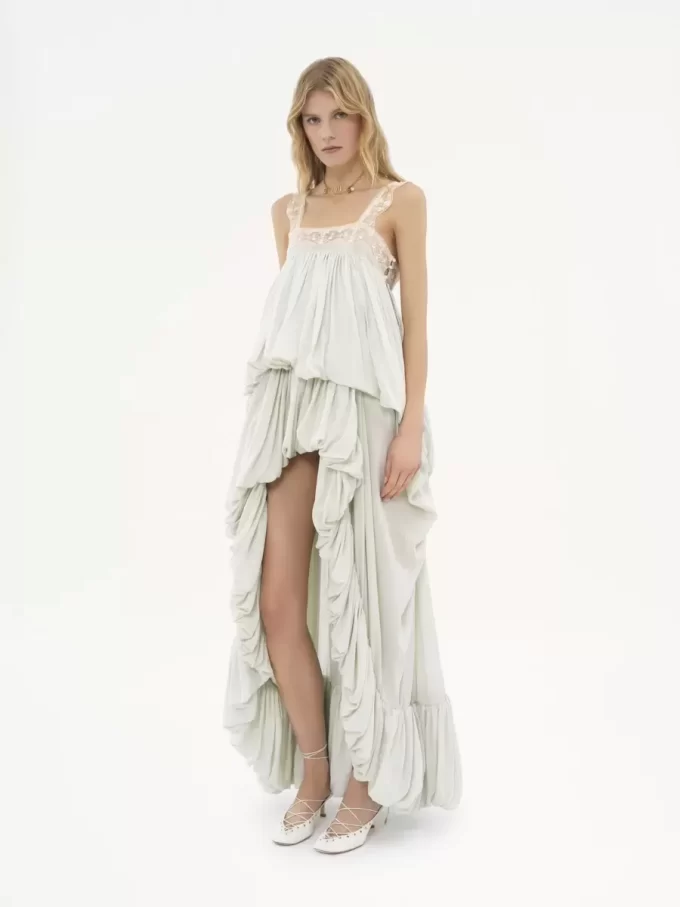 High-low ruffled dress in silk habotai & lace