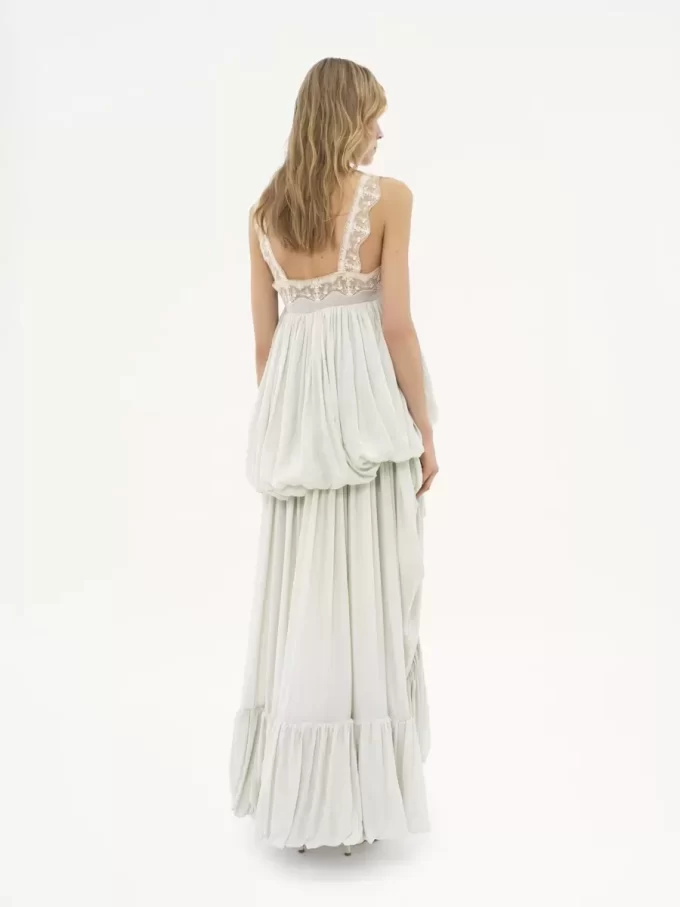 High-low ruffled dress in silk habotai & lace