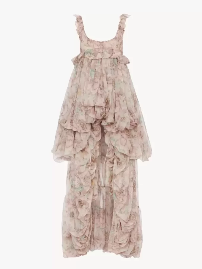 High-low ruffled dress in silk mousseline