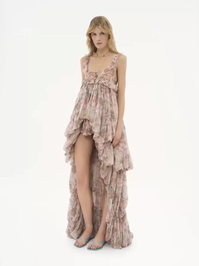 High-low ruffled dress in silk mousseline