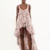 High-low ruffled dress in silk mousseline