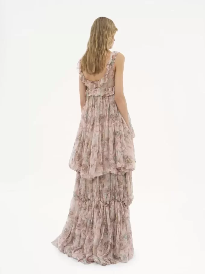 High-low ruffled dress in silk mousseline