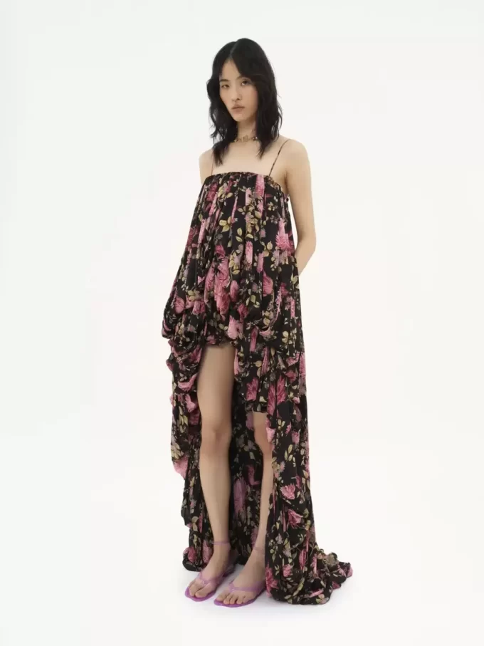 High-low sleeveless jumpsuit in silk charmeuse