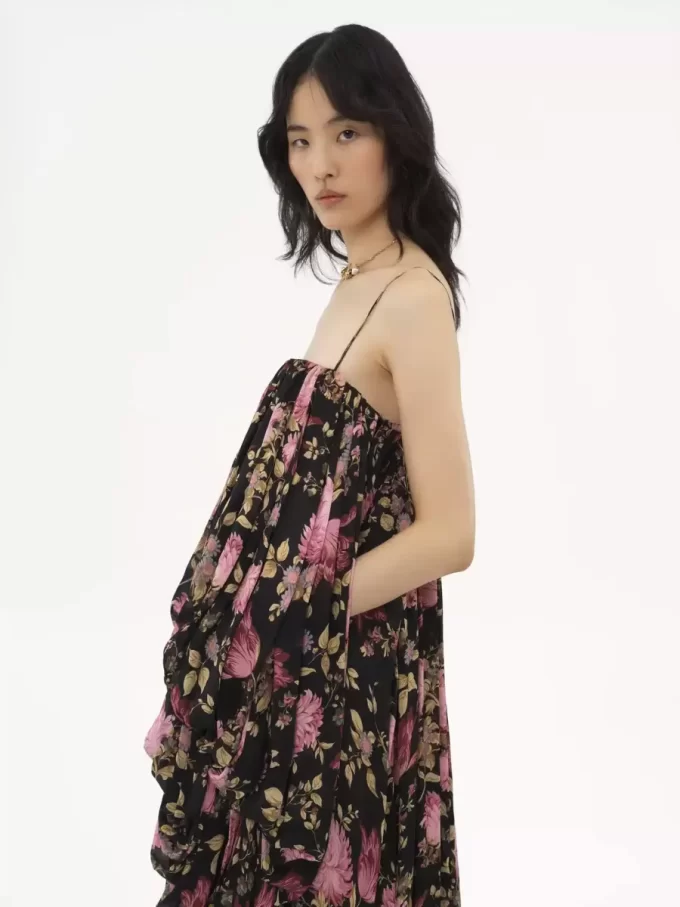 High-low sleeveless jumpsuit in silk charmeuse