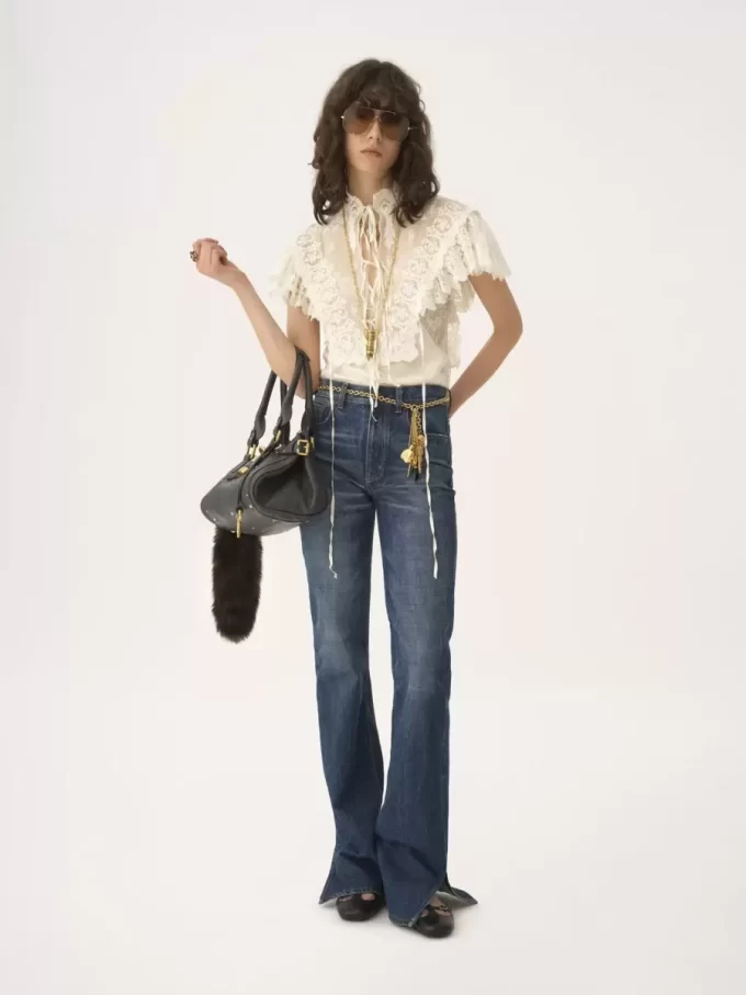 High-neck cropped top in cotton tulle & lace