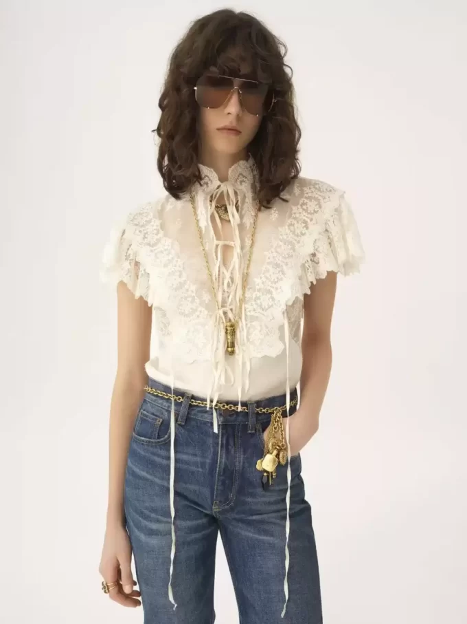 High-neck cropped top in cotton tulle & lace