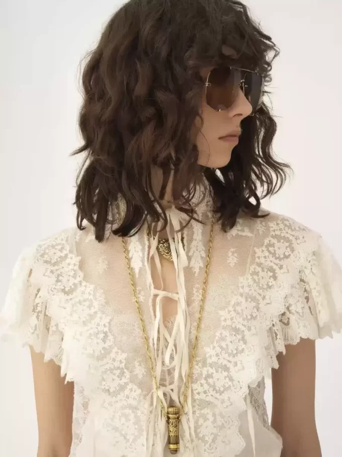 High-neck cropped top in cotton tulle & lace