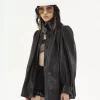 High-neck gathered coat in leather
