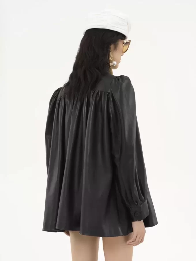 High-neck gathered coat in leather