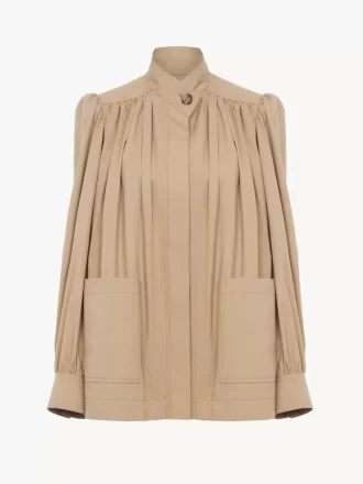 High-neck gathered jacket in cotton gabardine