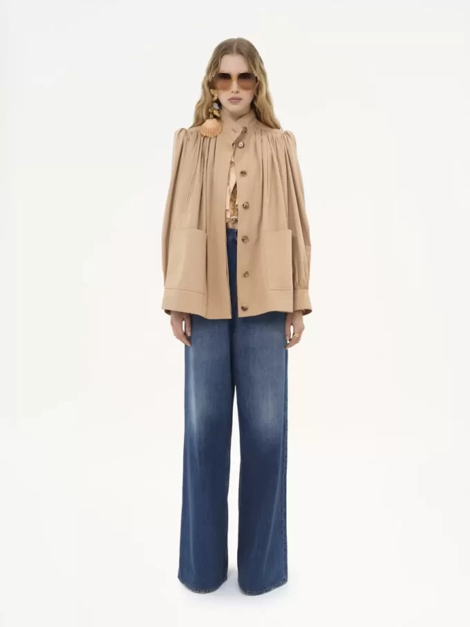 High-neck gathered jacket in cotton gabardine