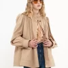 High-neck gathered jacket in cotton gabardine