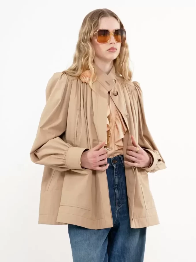 High-neck gathered jacket in cotton gabardine