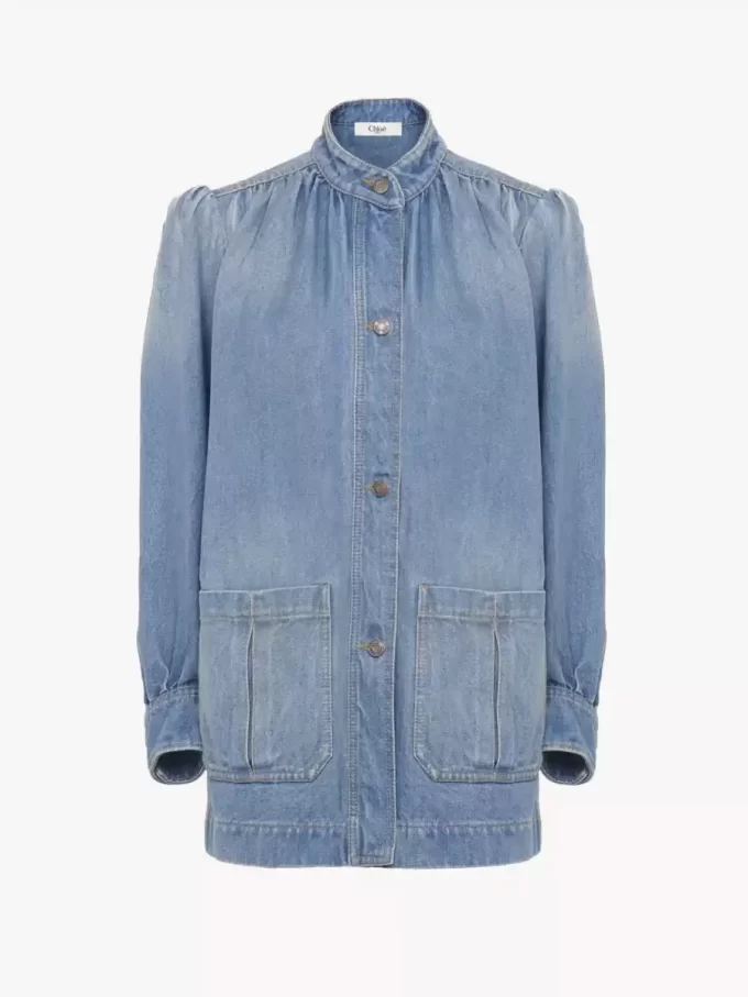 High-neck gathered jacket in denim