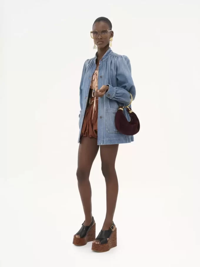 High-neck gathered jacket in denim