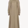High-neck long trench coat in cotton gabardine