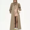 High-neck long trench coat in cotton gabardine