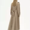 High-neck long trench coat in cotton gabardine