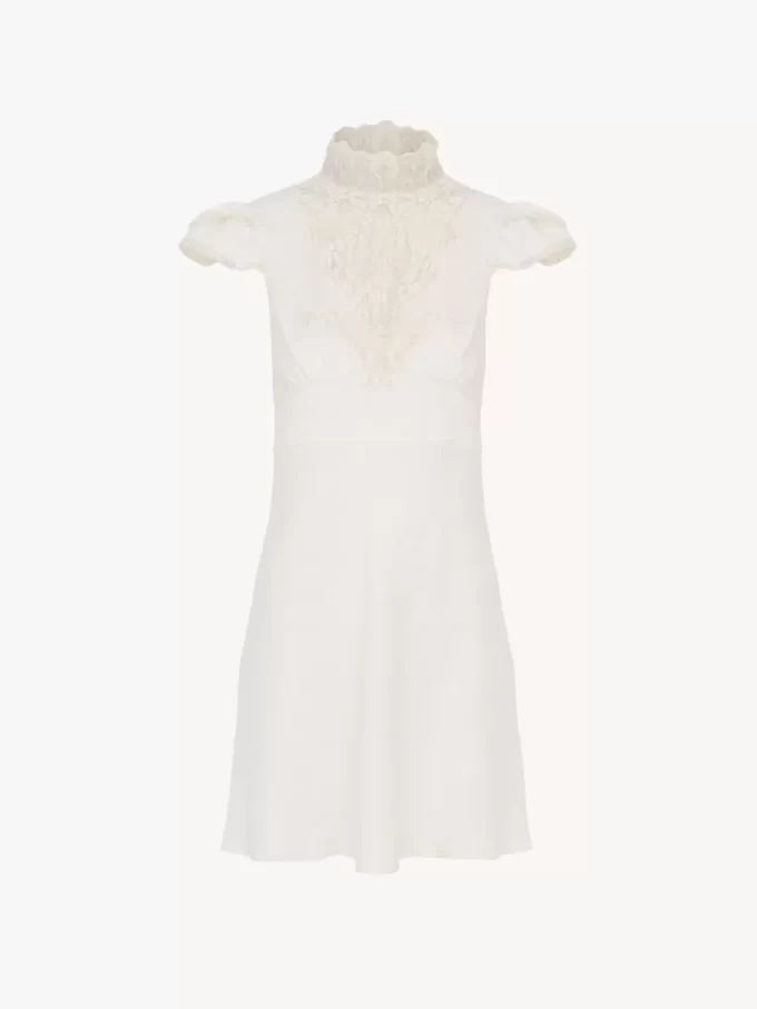 High-neck mini dress in jacquard silk & lace
