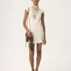 High-neck mini dress in jacquard silk & lace