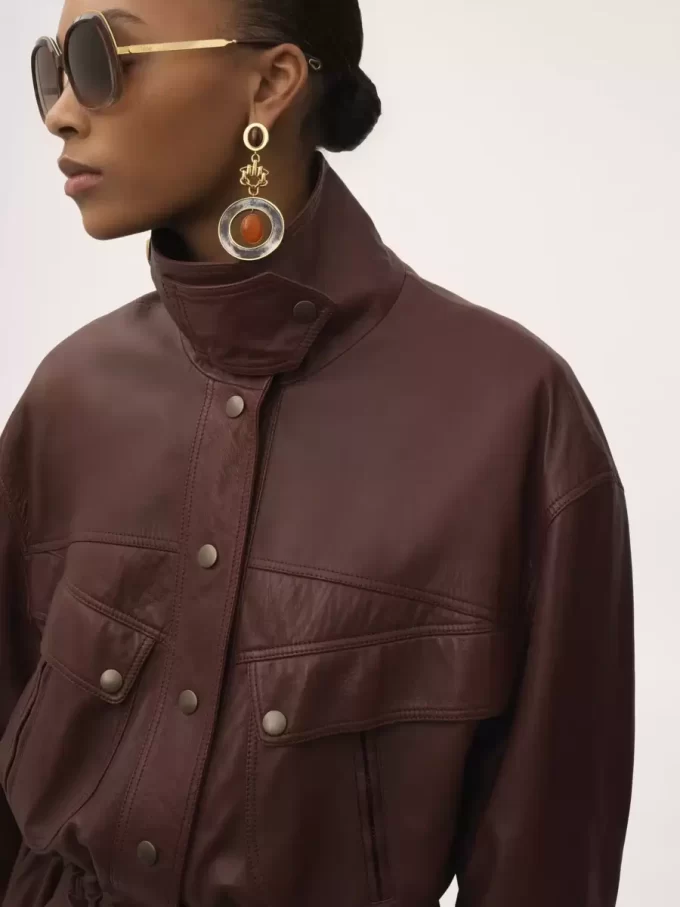 High-neck parka in leather