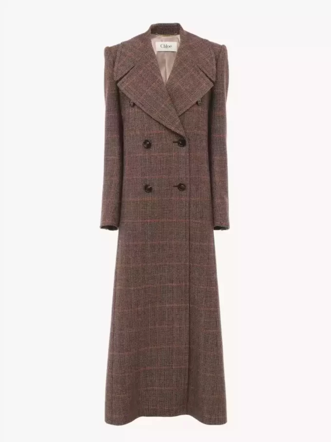 Long double-breasted coat in check wool