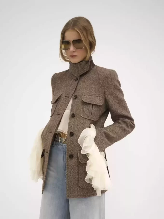 Long officer jacket in herringbone wool