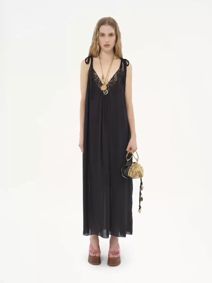 Long slip dress in silk charmeuse & lace
