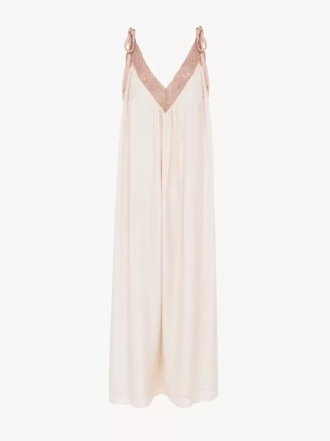 Long slip dress in silk habotai & lace