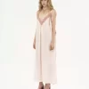 Long slip dress in silk habotai & lace