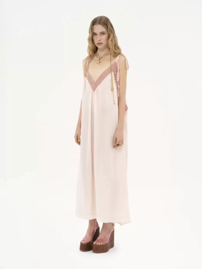 Long slip dress in silk habotai & lace