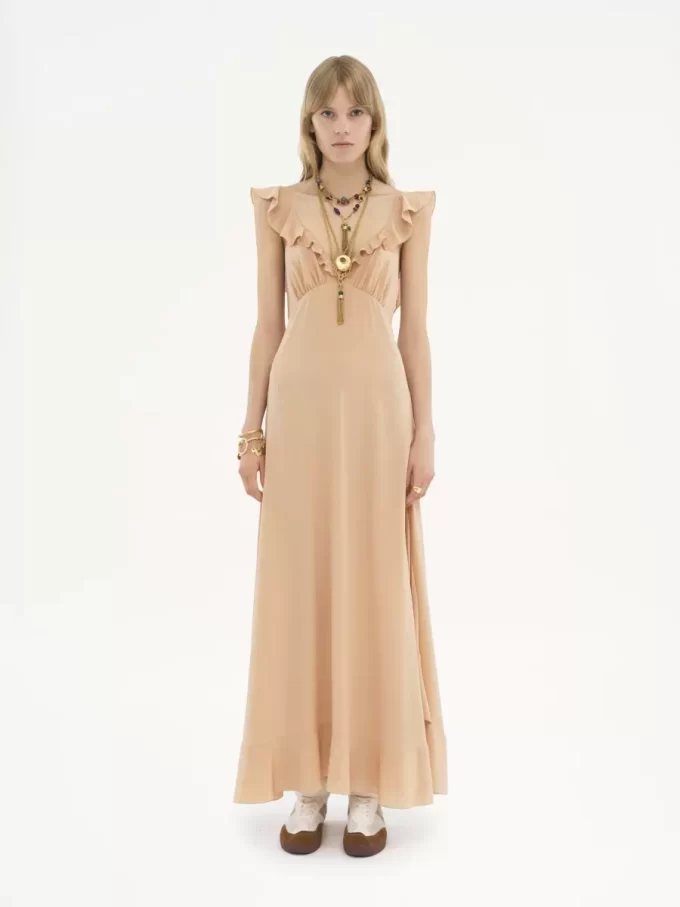 Long sun dress in crêpe de chine