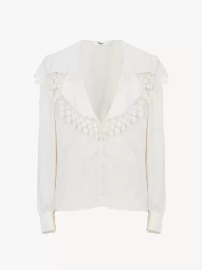 Maxi-collar blouse in silk jacquard & lace