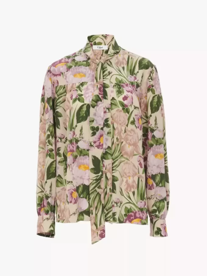 Maxi gathered lavallière blouse in crêpe de chine