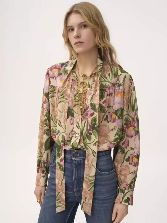 Maxi gathered lavallière blouse in crêpe de chine