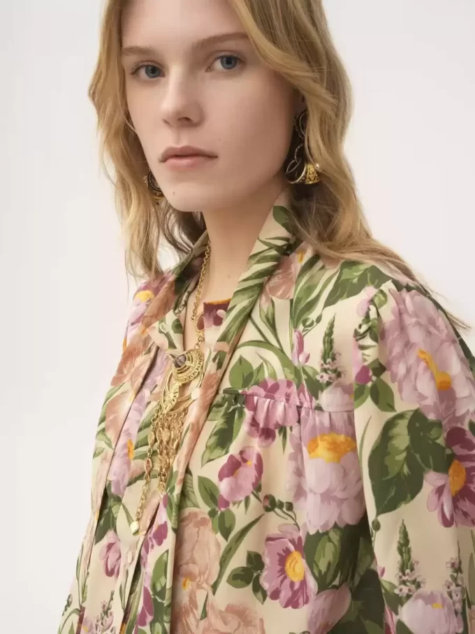 Maxi gathered lavallière blouse in crêpe de chine