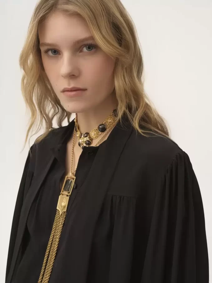 Maxi gathered lavallière blouse in crêpe de chine